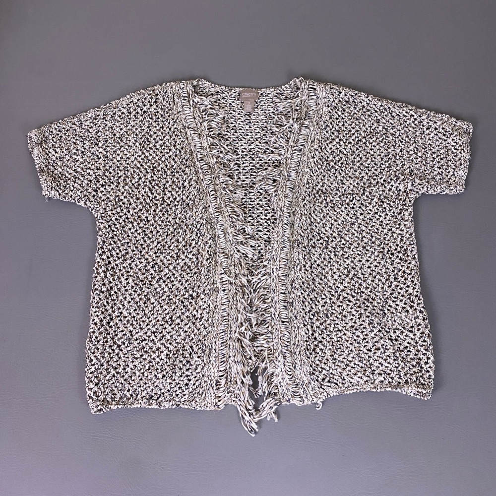 Chicos Cardigan Top Open Knit Women's Size 2‎ Large Beige Black Fringe Trim